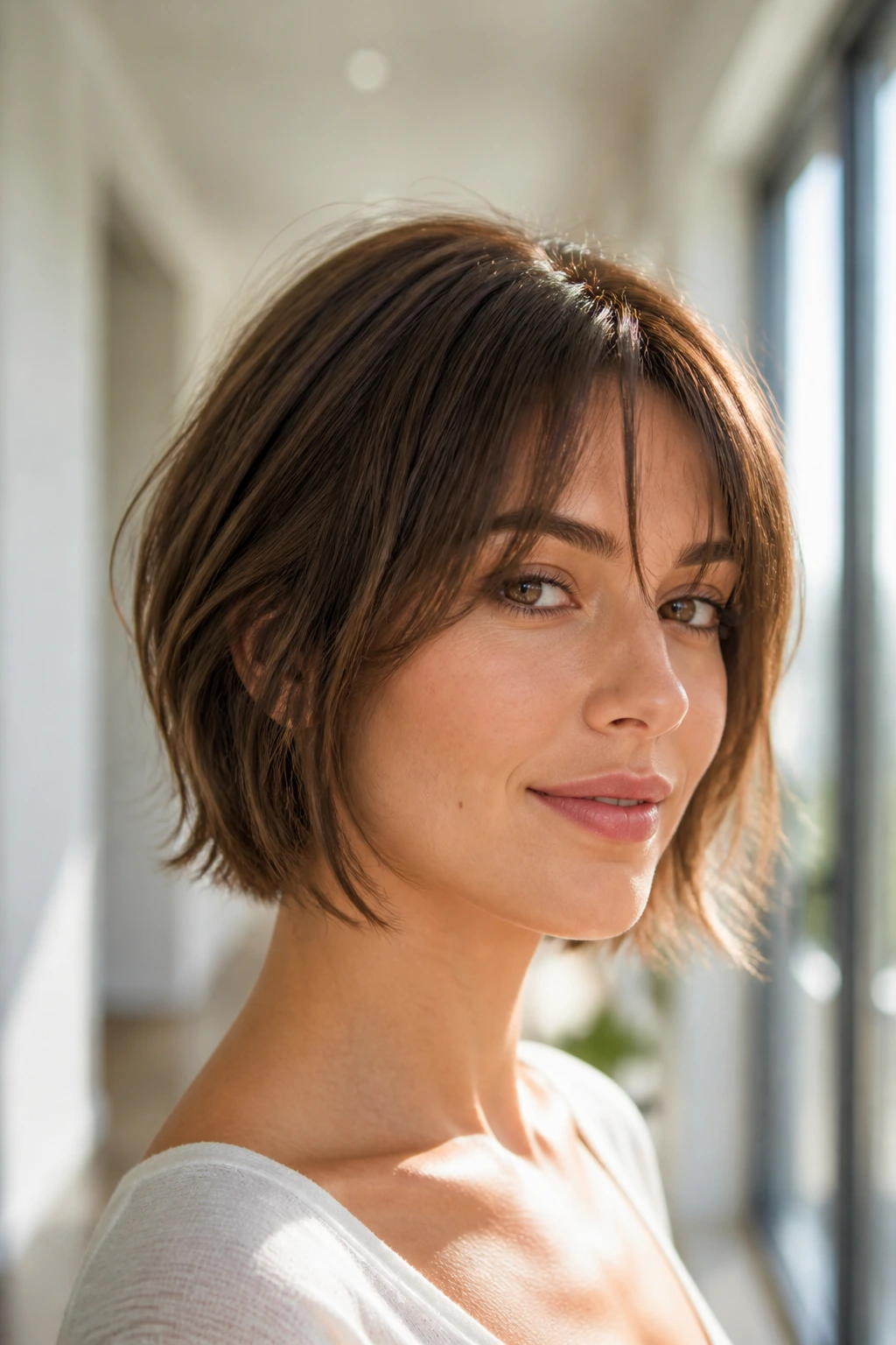 Close-up portrait of a real person with wispy-end bob