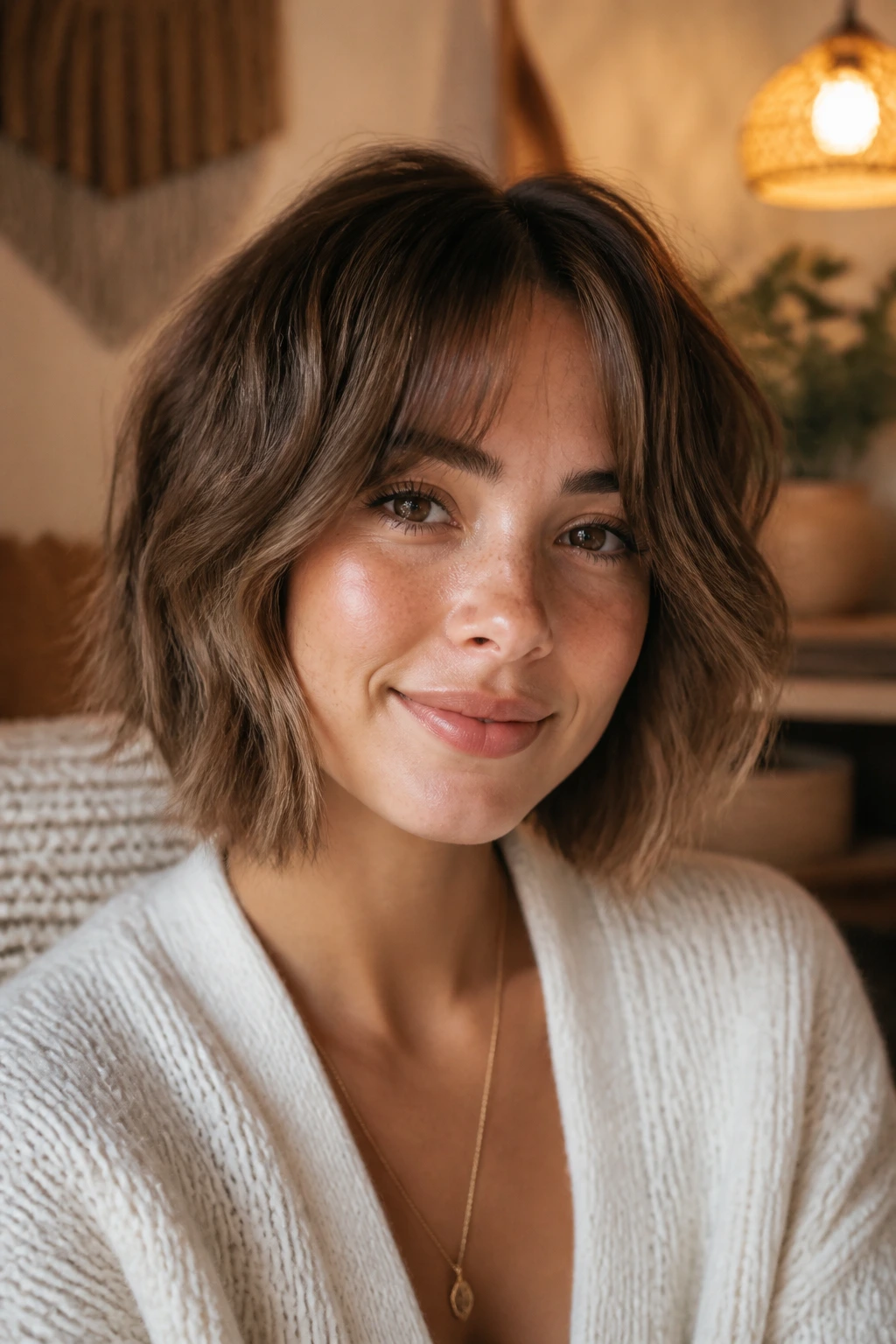 Close-up of a real woman with wispy-end bob and curtain bangs in a cozy living room