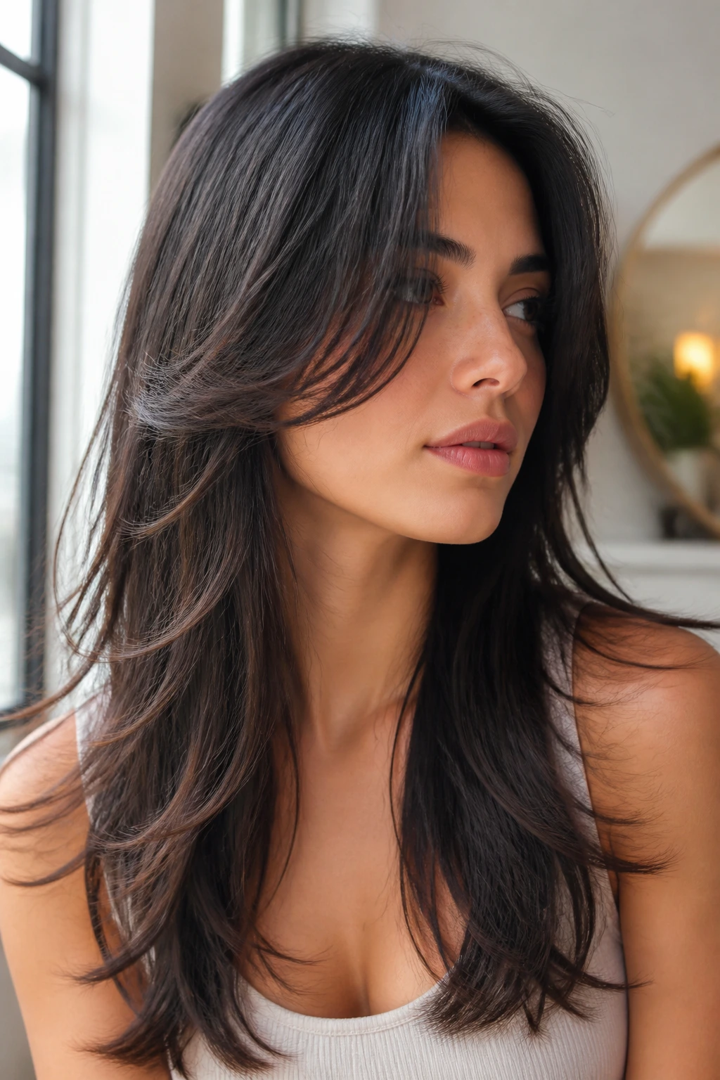 Close-up of real woman with wispy-end butterfly cut