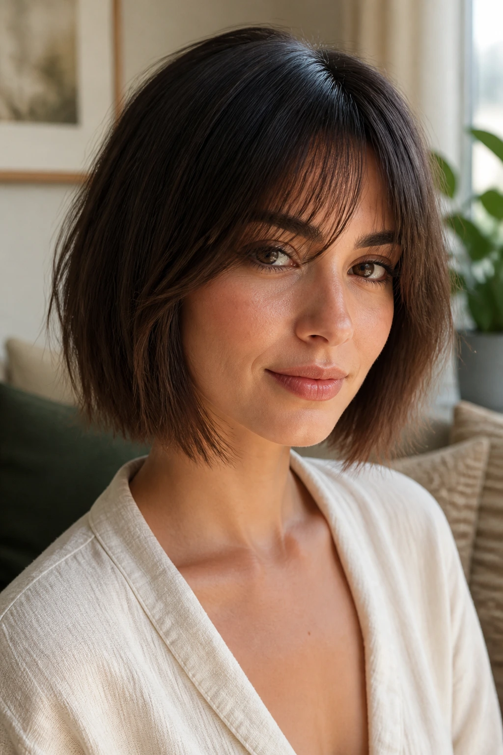 Close-up of a real woman with wispy-end curtain bangs on a bob