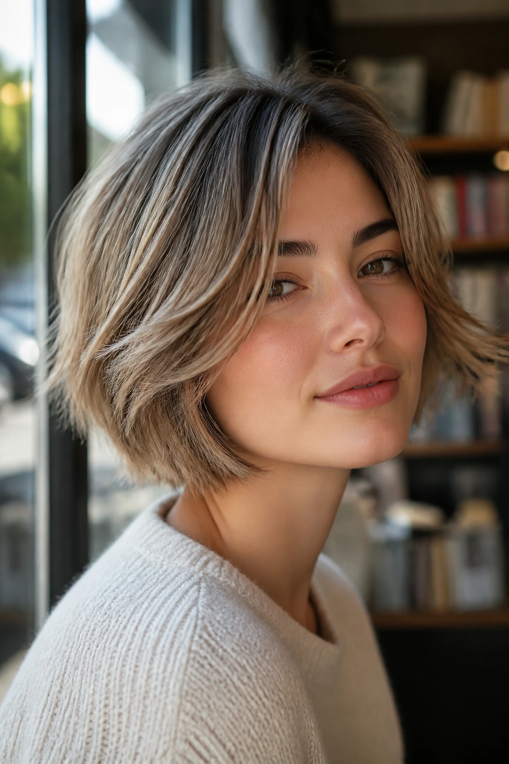 Close-up of a real woman with wispy-end graduated bob by a window