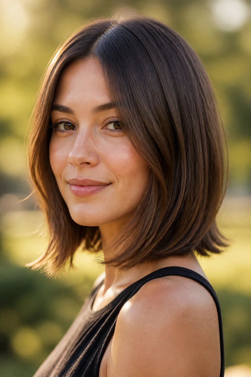 Close-up portrait of a real woman with wispy-end graduated lob.