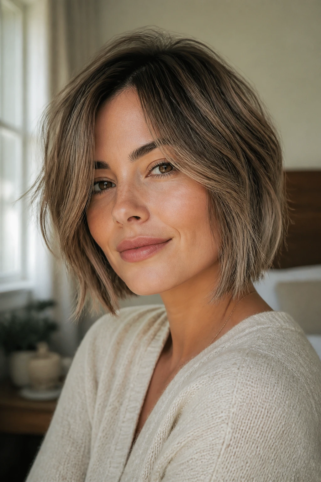 Close-up portrait of real person with wispy razor-cut ends in a cozy bedroom.