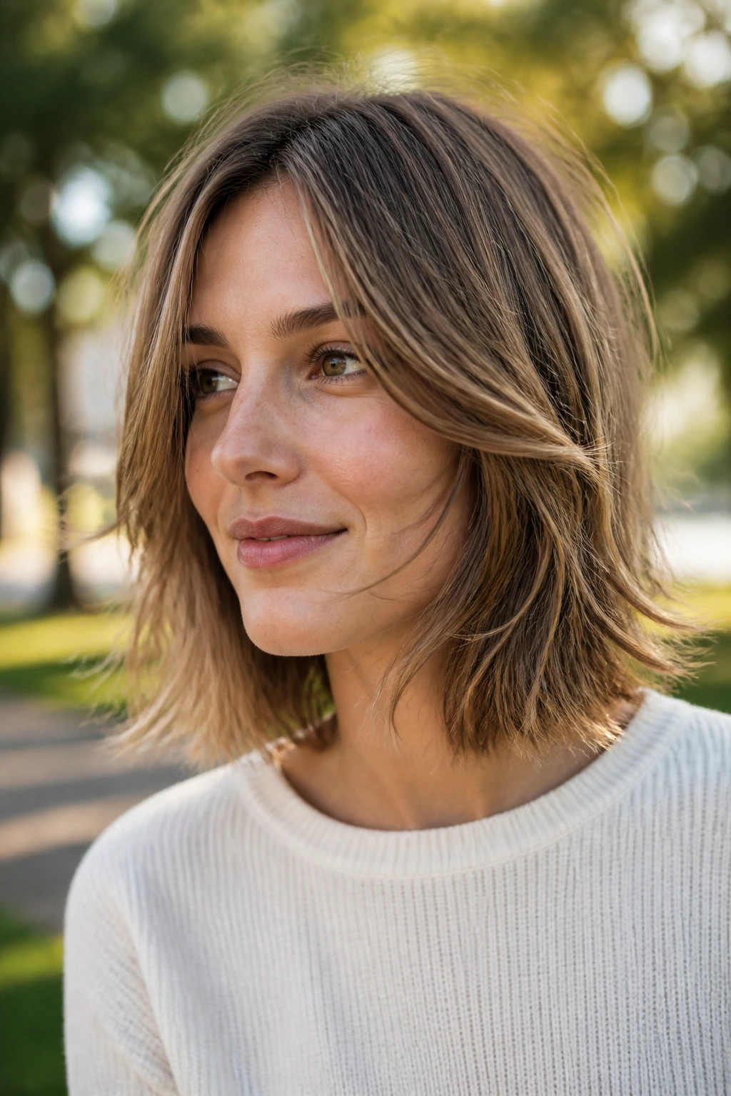 Lob hairstyle with wispy ends on a real person.