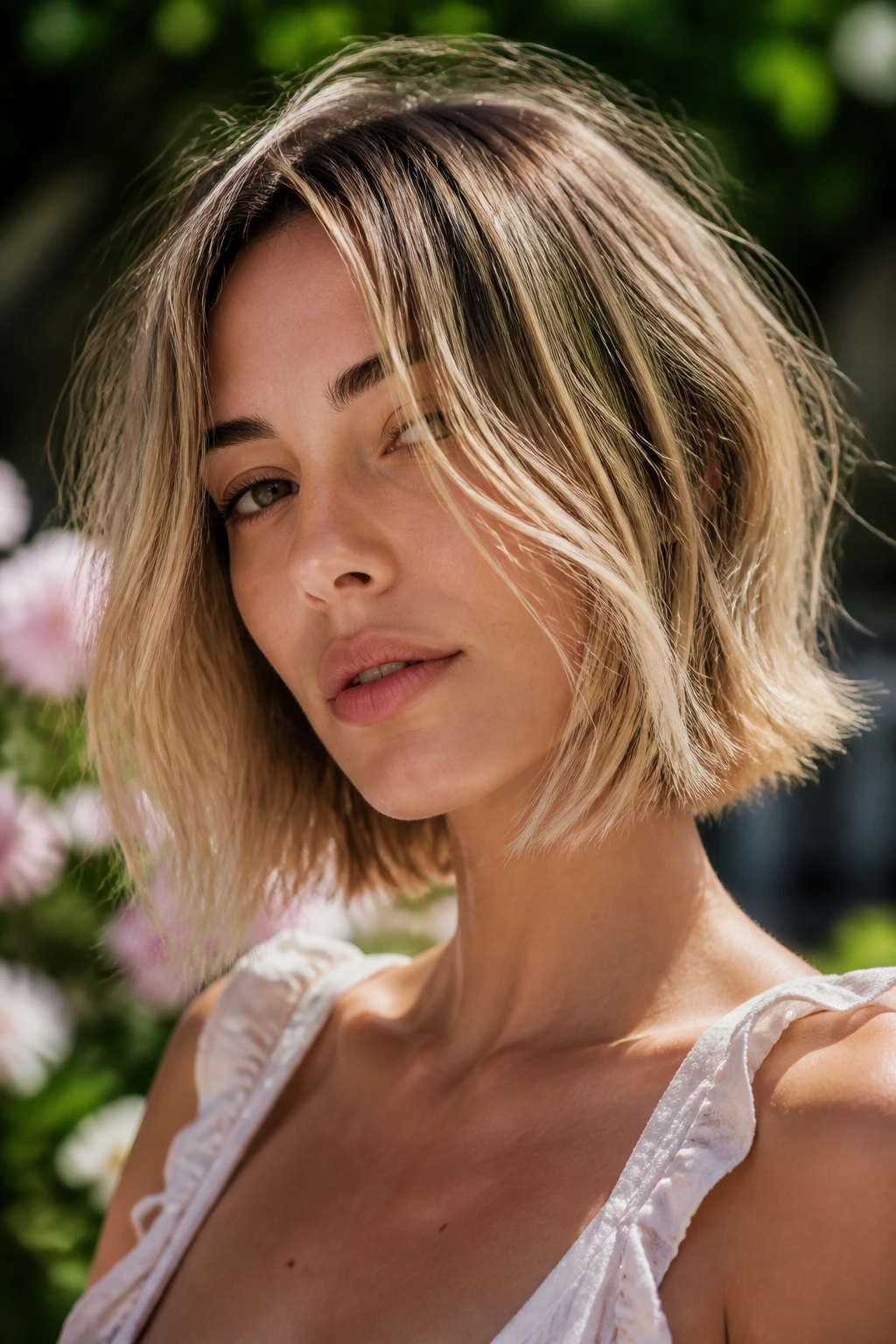 Close-up portrait of a person with wispy, thinning ends in airy lob.