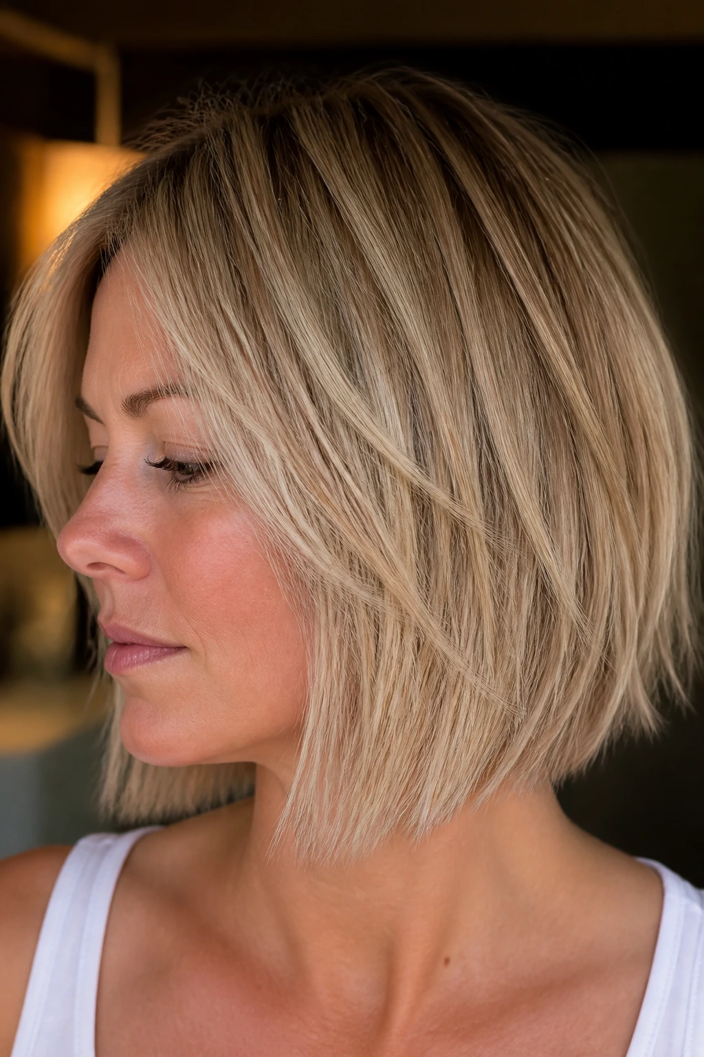 Real woman with wispy-end razored bob close-up