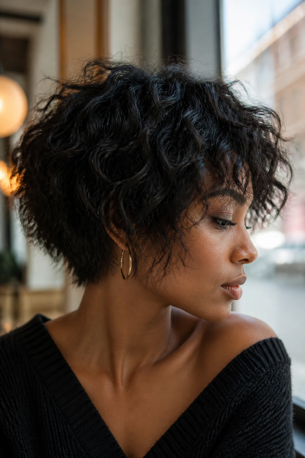 Close-up portrait of a person with wispy-end shag hairstyle featuring feathered ends.