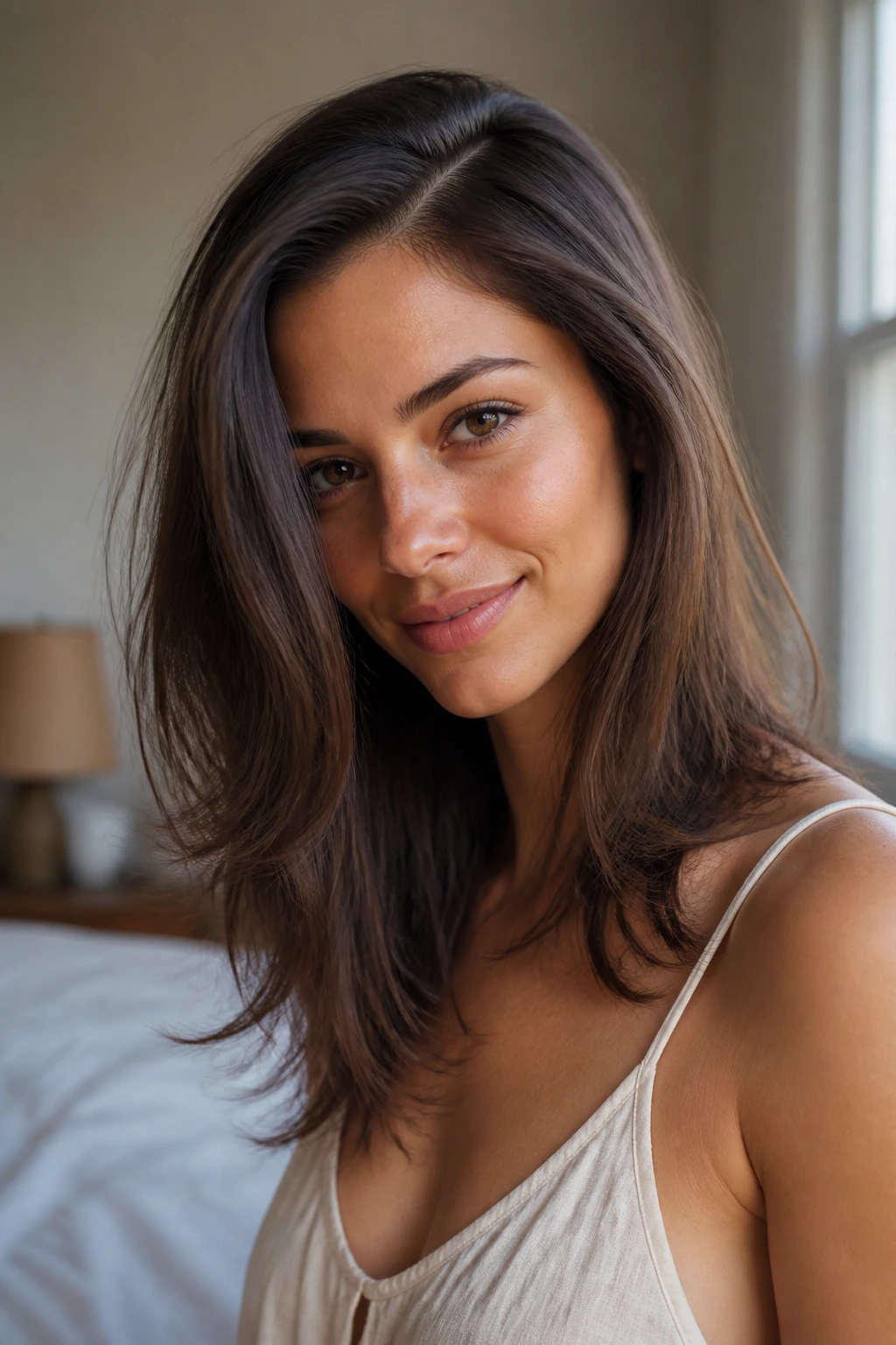 Close-up of a real woman with wispy end styling and side part under natural light