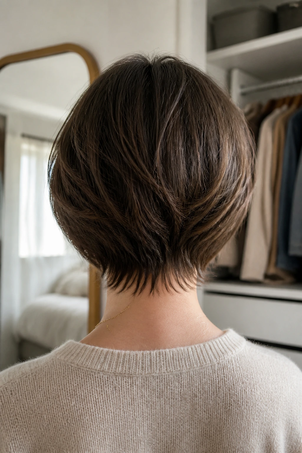 Back view of real woman with wispy ends on inverted stack at the nape
