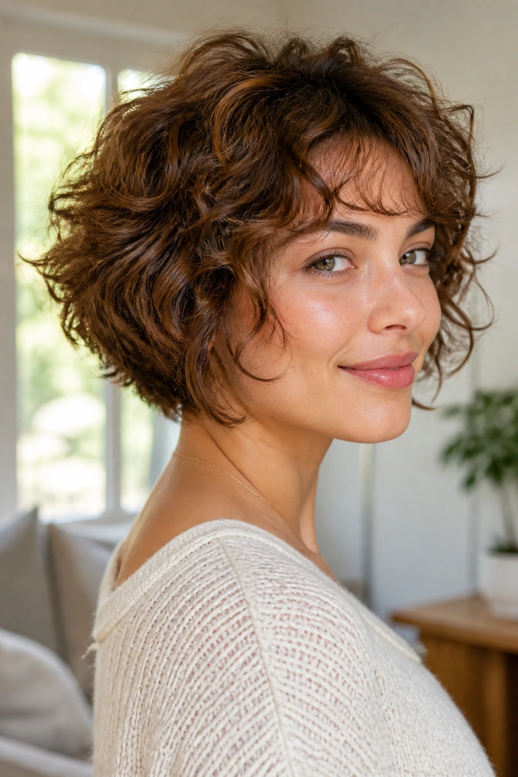 Close-up of a real woman with a wispy-end stack and cloud-like curls