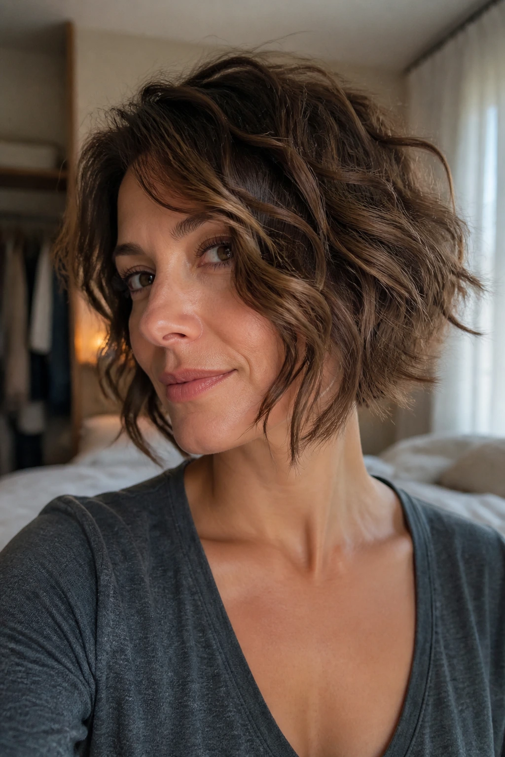 Close-up portrait of a real person with wispy-end inverted bob.