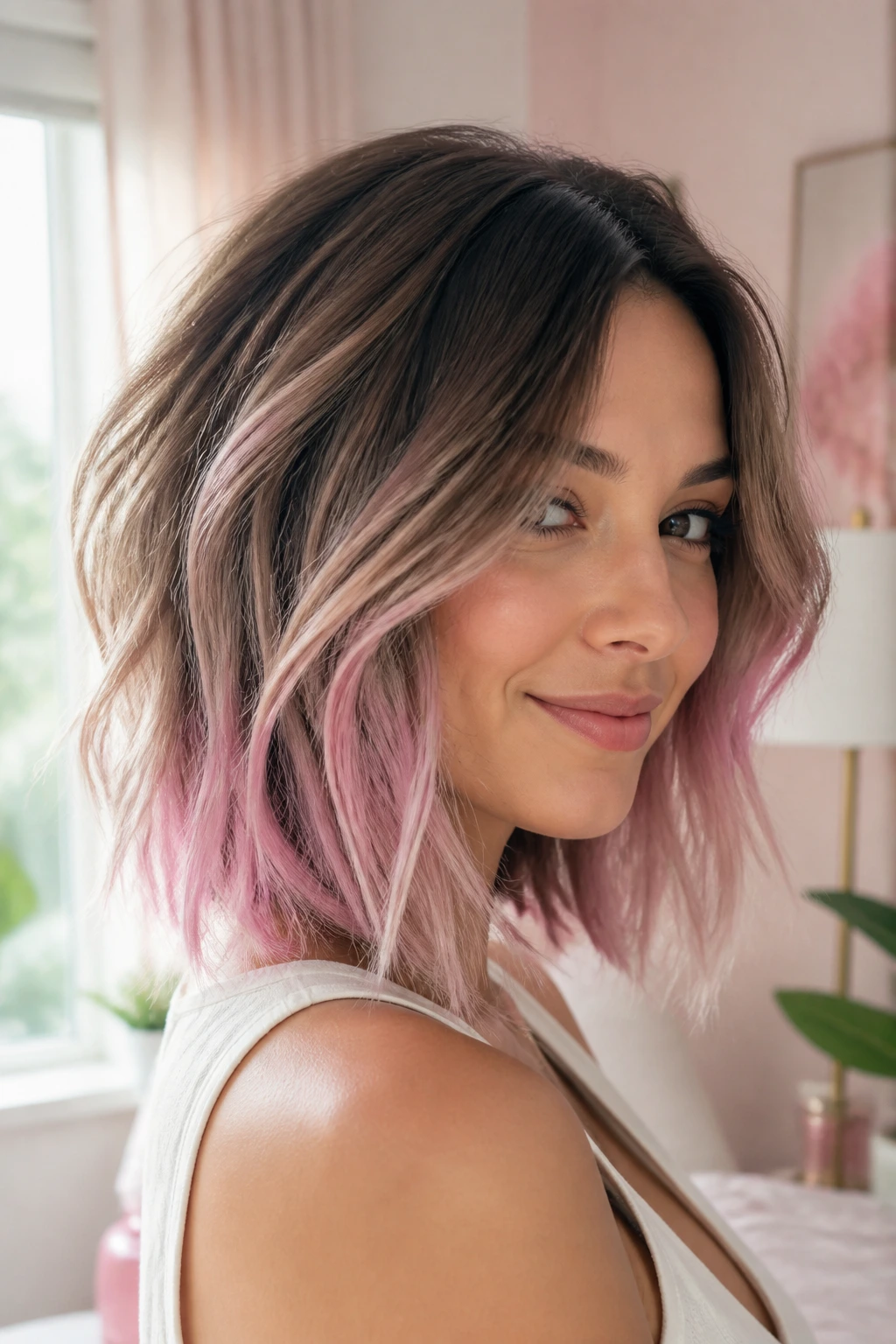 Real person with wispy ends and pastel highlights on lob