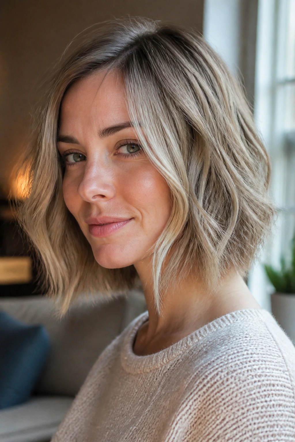Close-up of a real woman with wispy-end wavy bob and point-cut ends