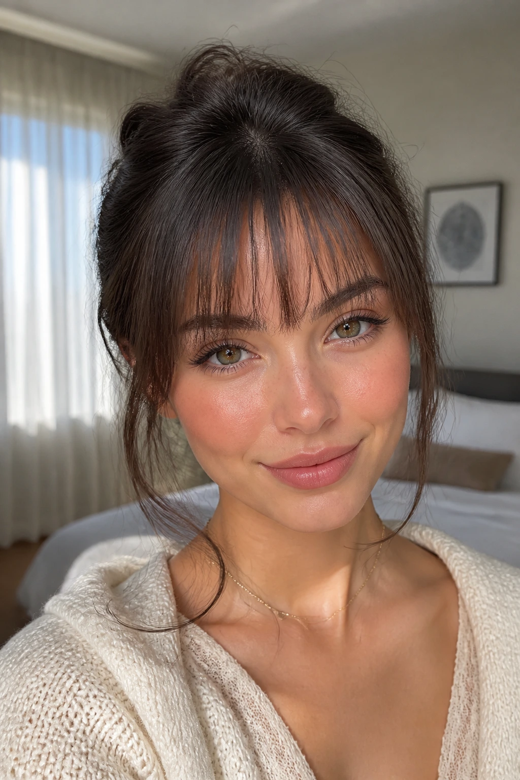 Close-up of a real woman with eyebrow-grazing wispy bangs in bright room light.