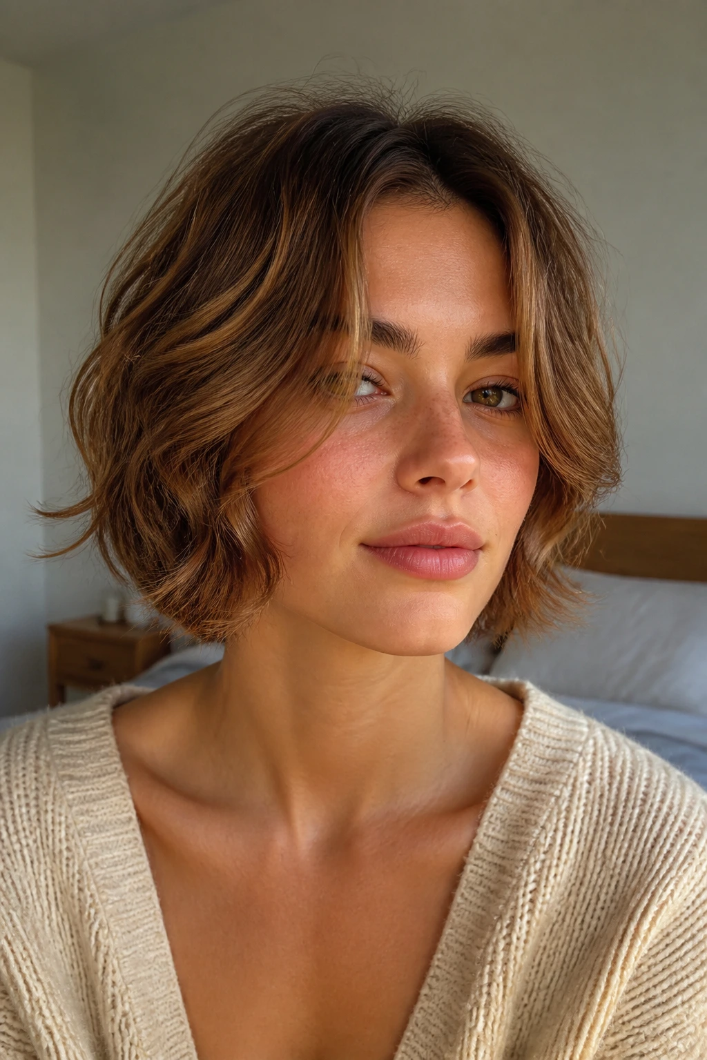 Close-up of a real woman's wispy face-framing wavy bob.