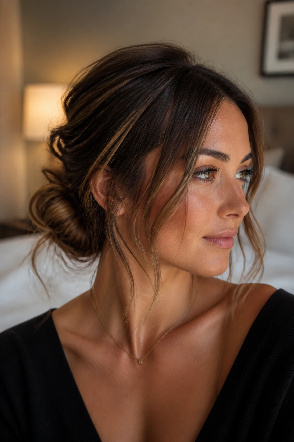 Close-up of a real woman with wispy face-framing strands around a loose bun