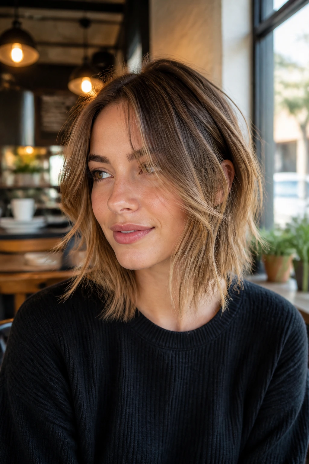 Portrait of a real person with wispy face-framing lob in a cafe setting