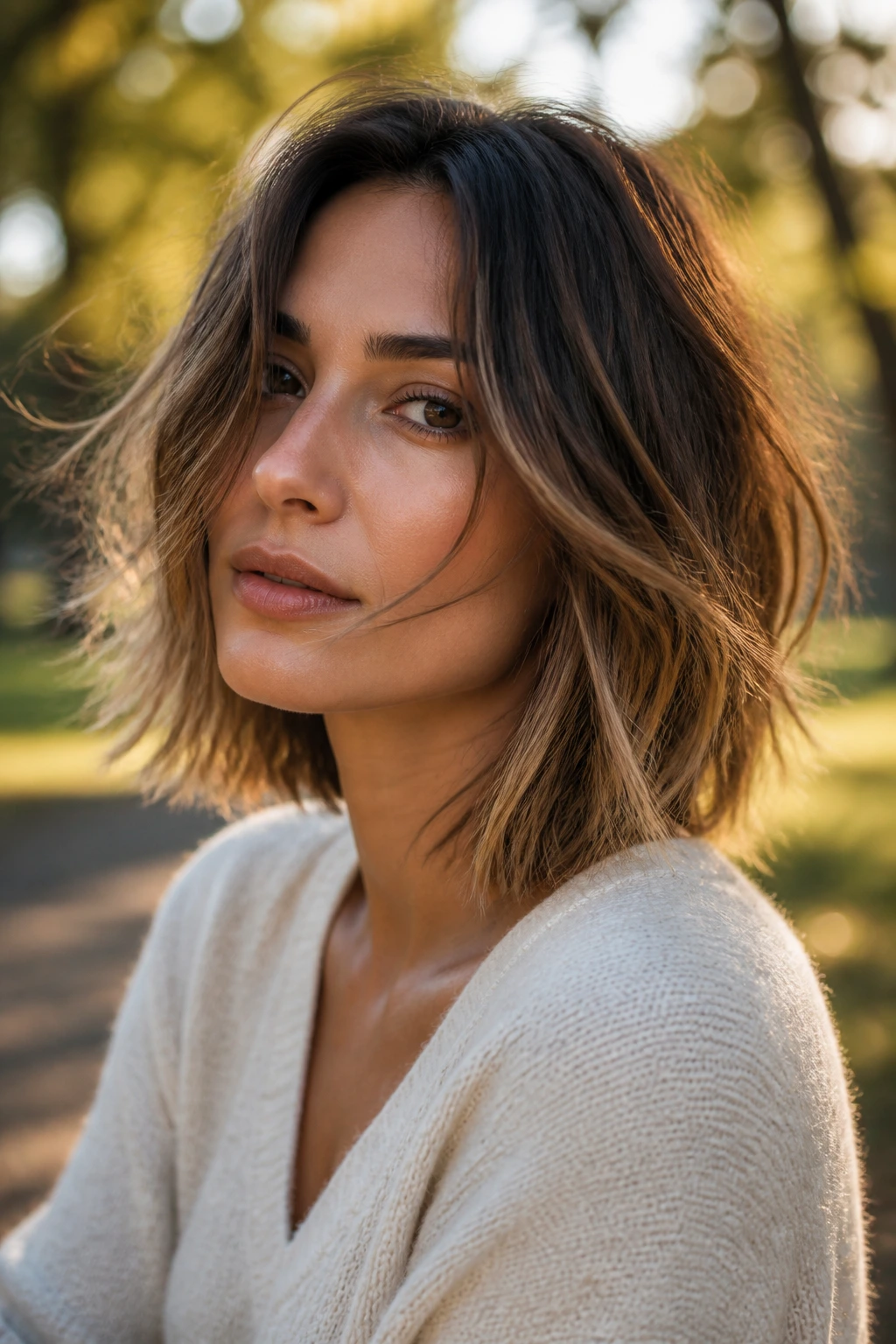 Close-up of a real person with a wispy feathered lob