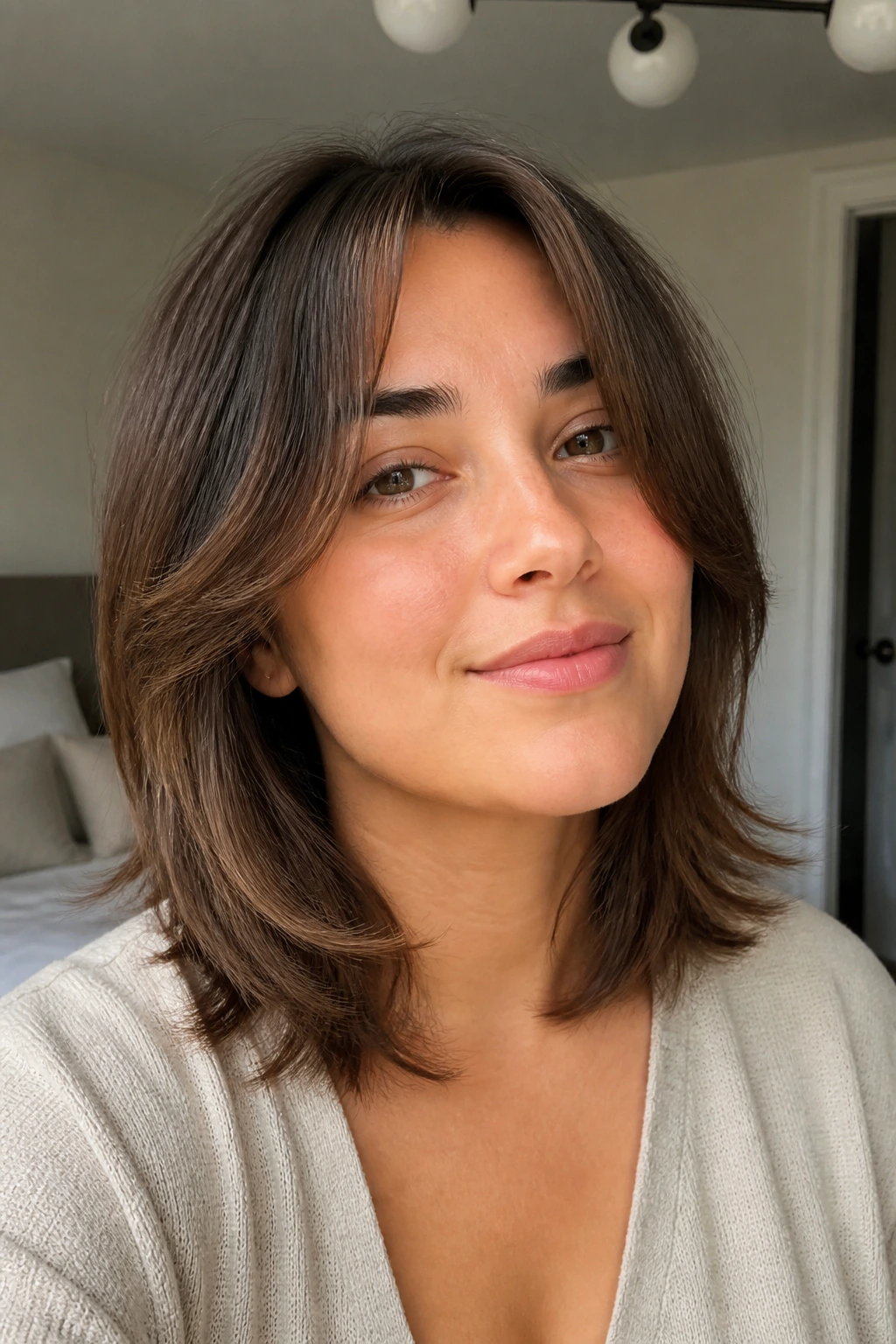 Close-up portrait of a real woman with wispy feathered midi-cut