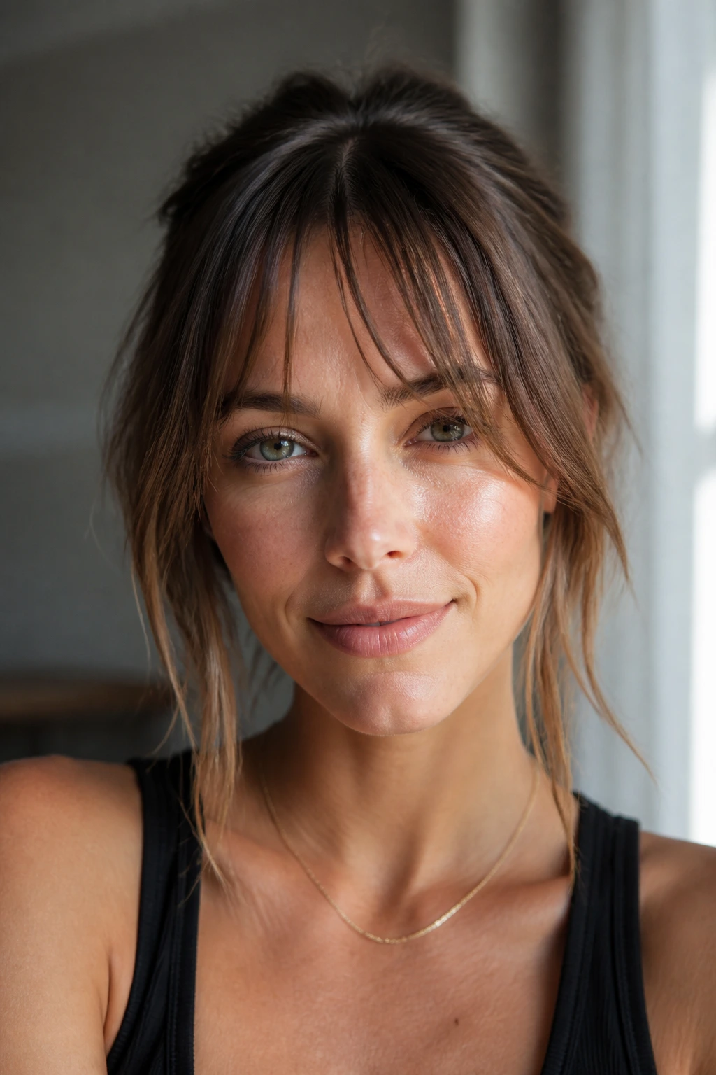 Portrait of a woman with wispy French bangs and light framing around eyes
