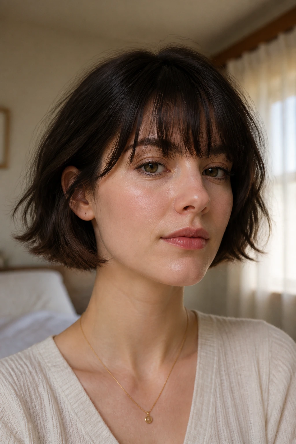 Close-up portrait of a real woman with a wispy French bob and bangs in warm natural light