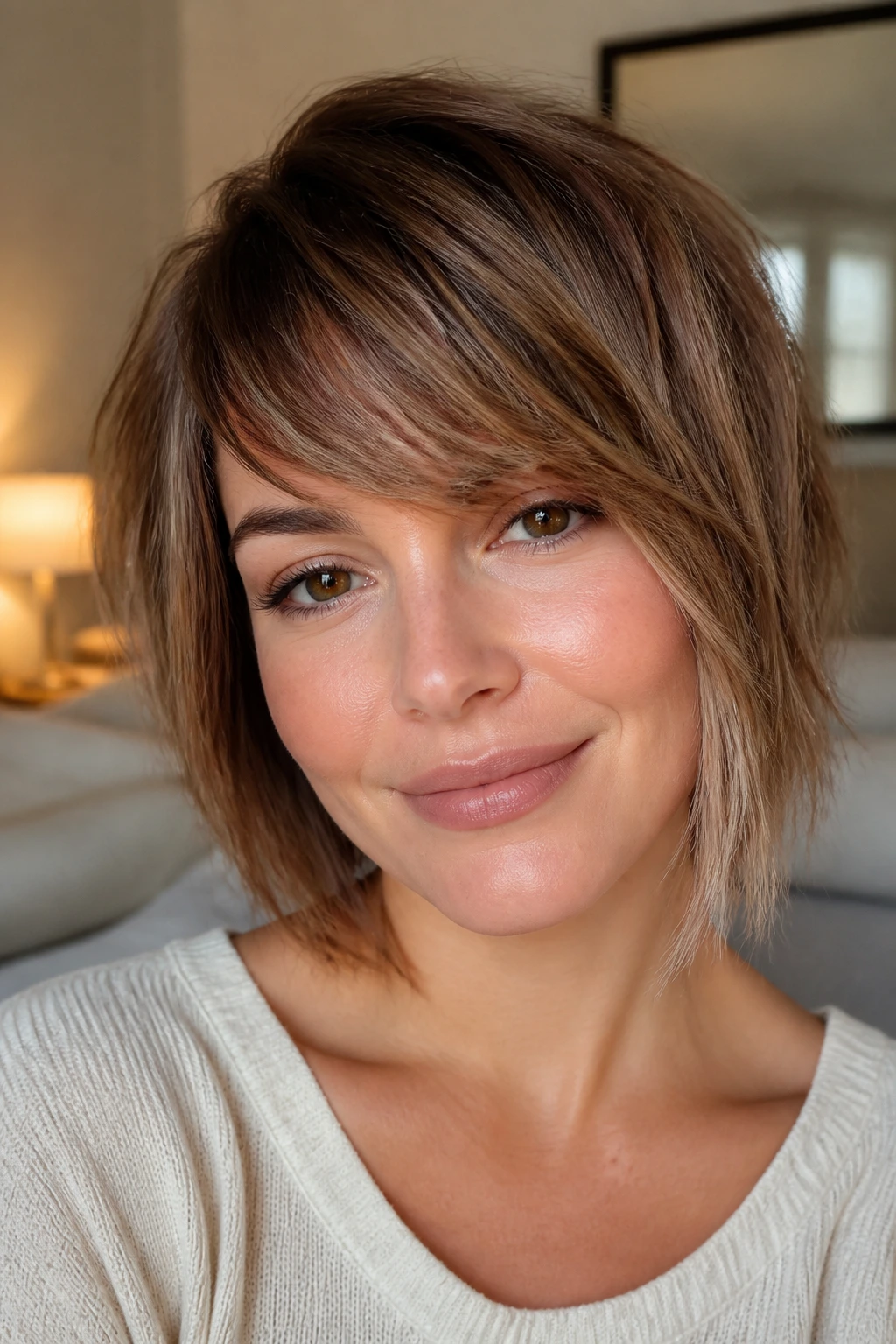 Close-up of a real woman with wispy asymmetric tapered fringe under natural window light.