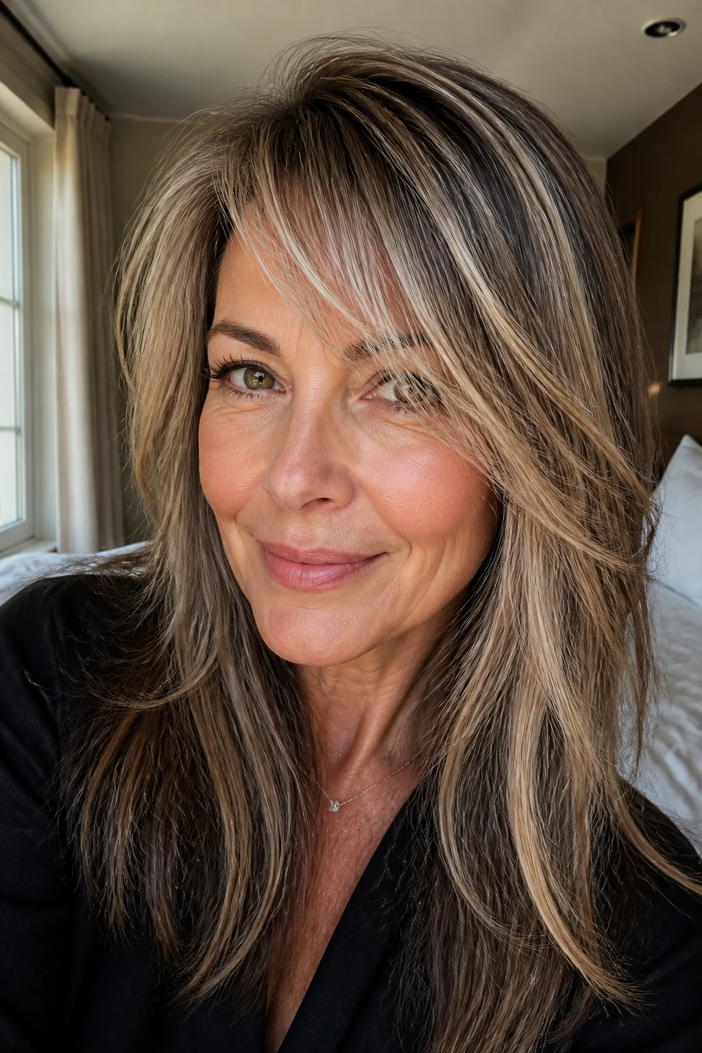 Close-up of a woman with wispy asymmetrical fringe and dimensional balayage in natural window light