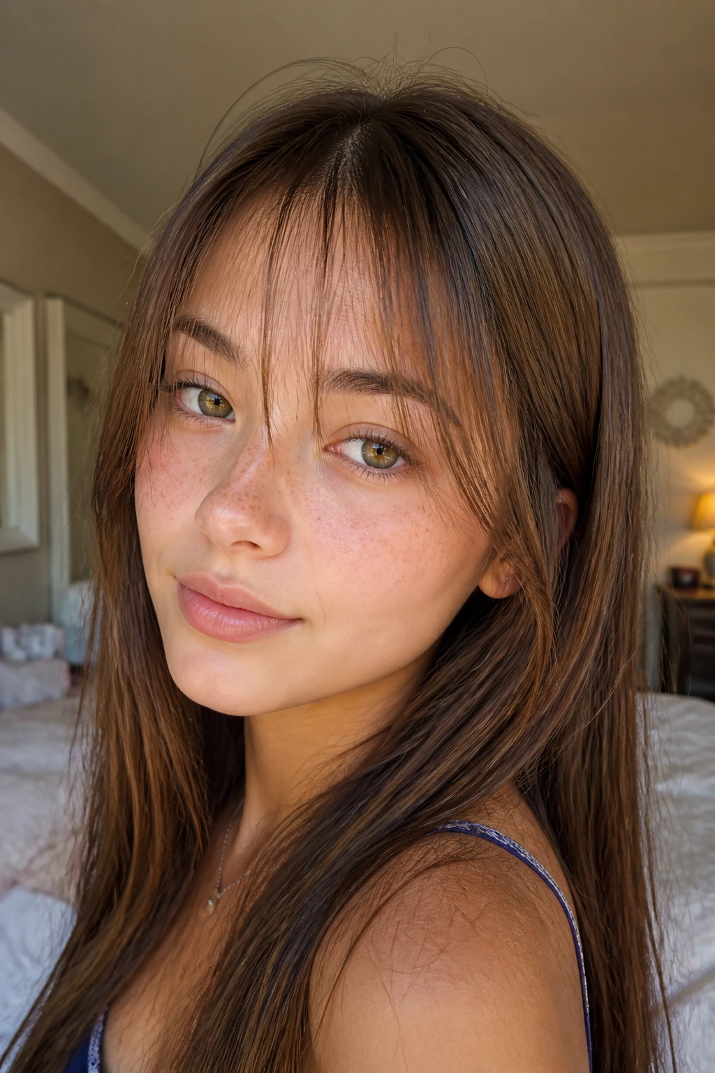 Close-up of a teen girl with wispy bangs in natural window light