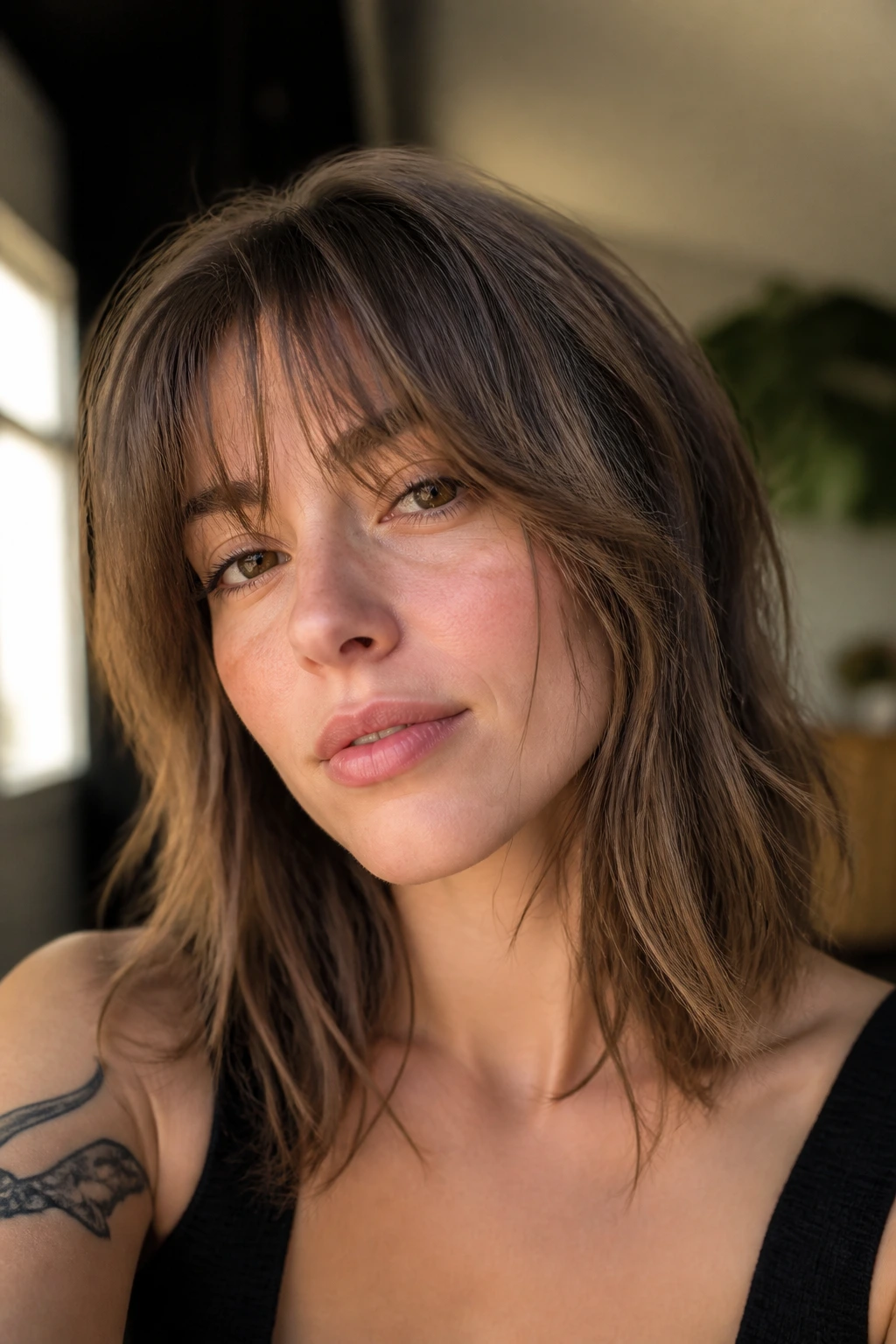 Woman with wispy Bardot fringe in a relaxed setting.