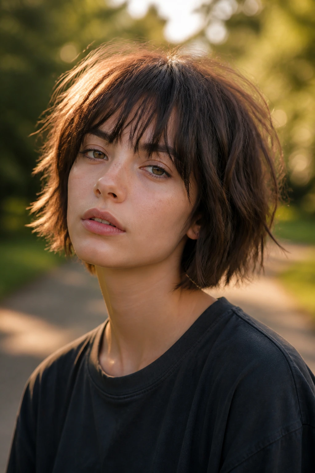 Close-up of wispy fringe bob with airy texture in golden hour outdoor light
