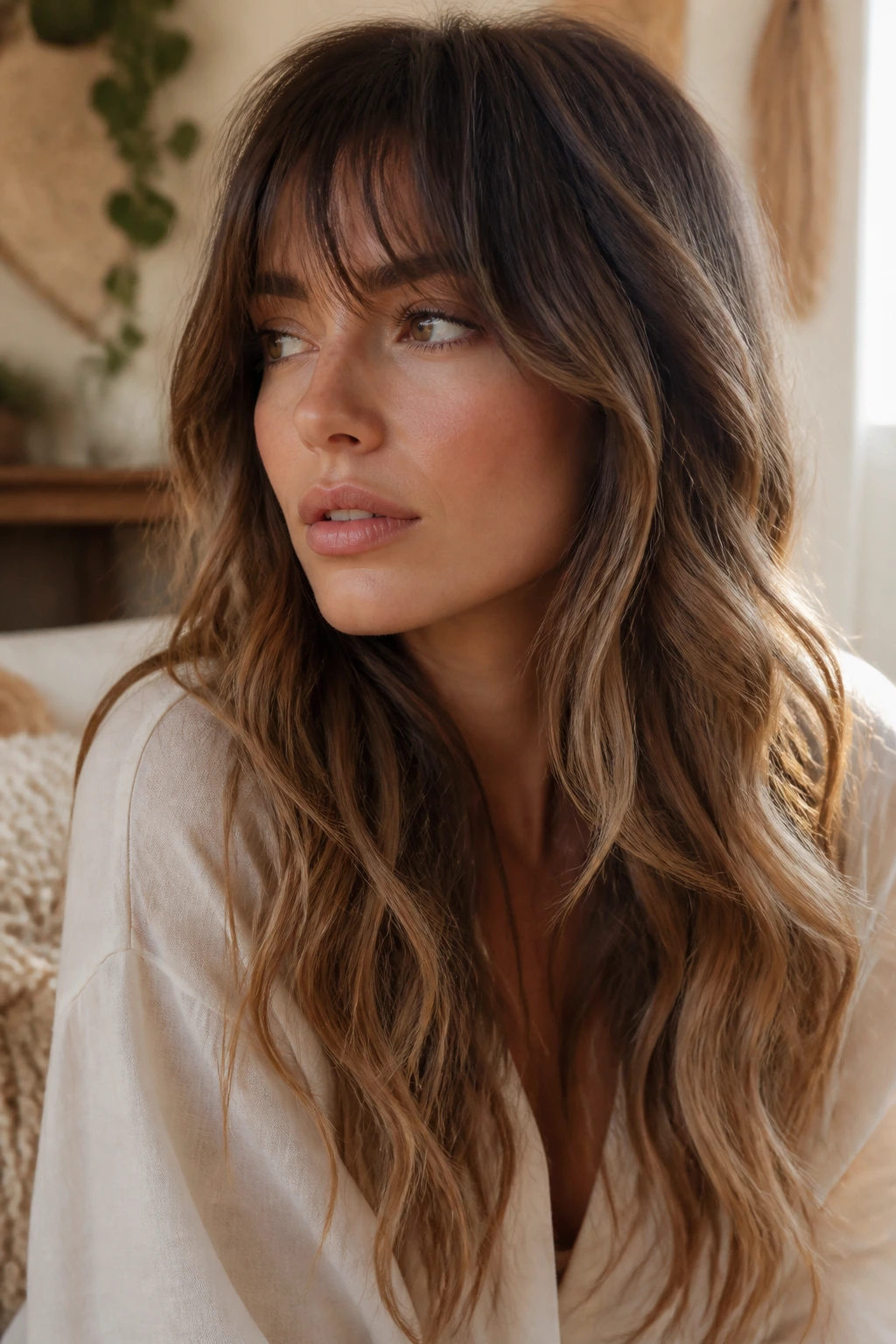 Close-up of a real woman with wispy fringe and long bohemian waves.