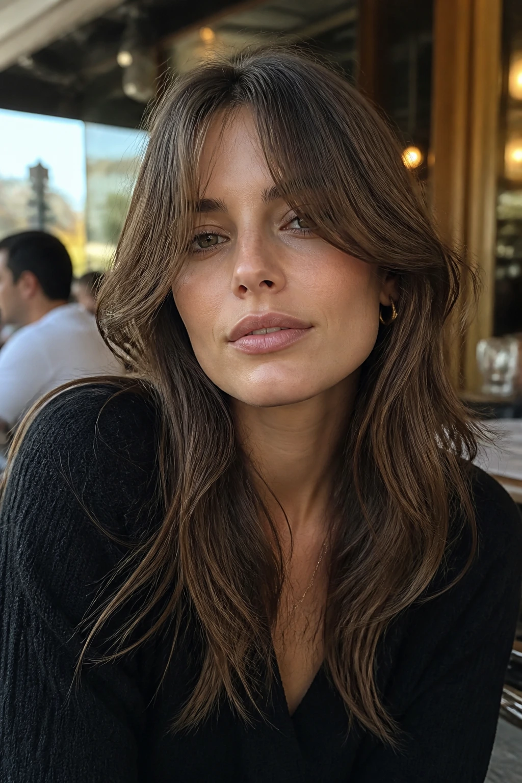 Close-up of a woman with a light center fringe and cheekbone-length sweep in warm daylight