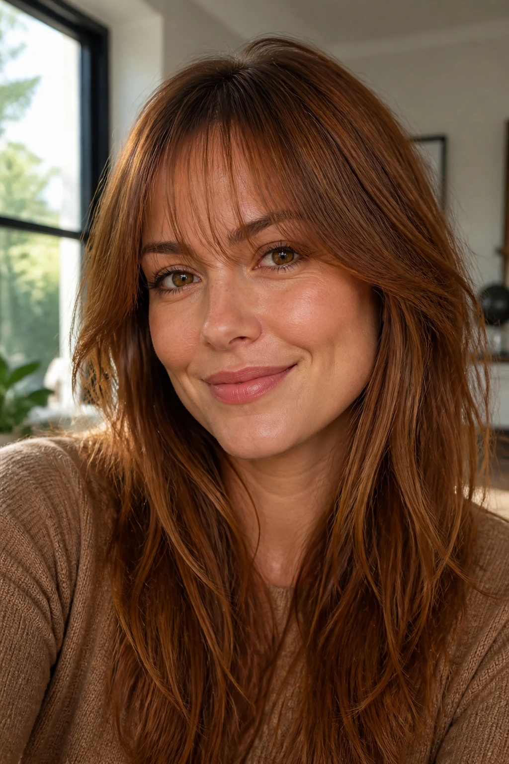 Close-up portrait of a real woman with soft wispy fringe in warm chestnut hair.