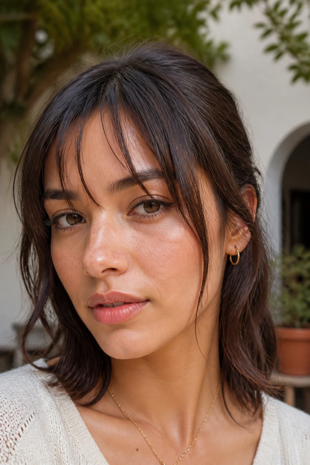 Portrait of a person with wispy piece-y fringe forming defined clumps on the forehead
