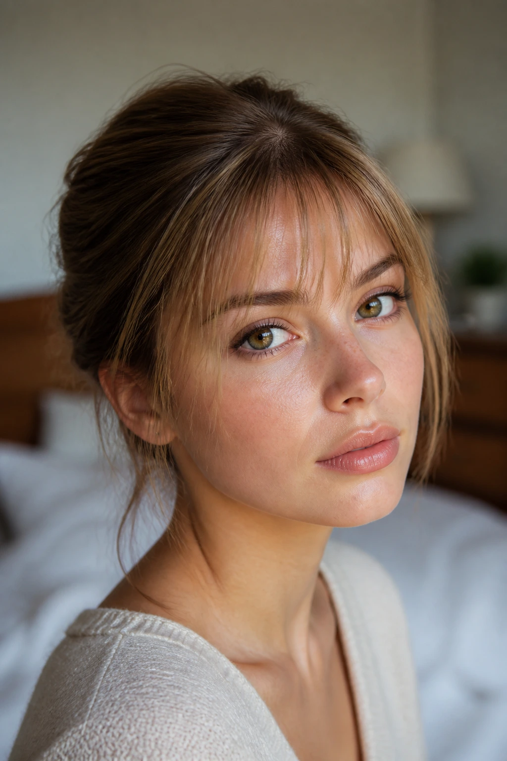 Close-up portrait of a real woman with wispy fringe across the forehead in warm bedroom light
