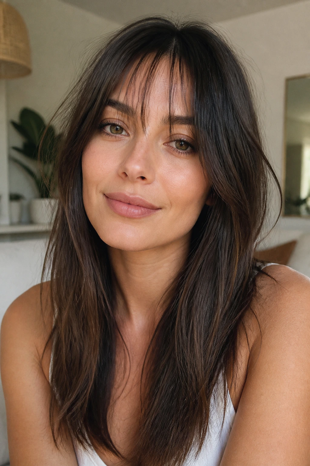 Woman with piece-y wispy fringe and long corners.