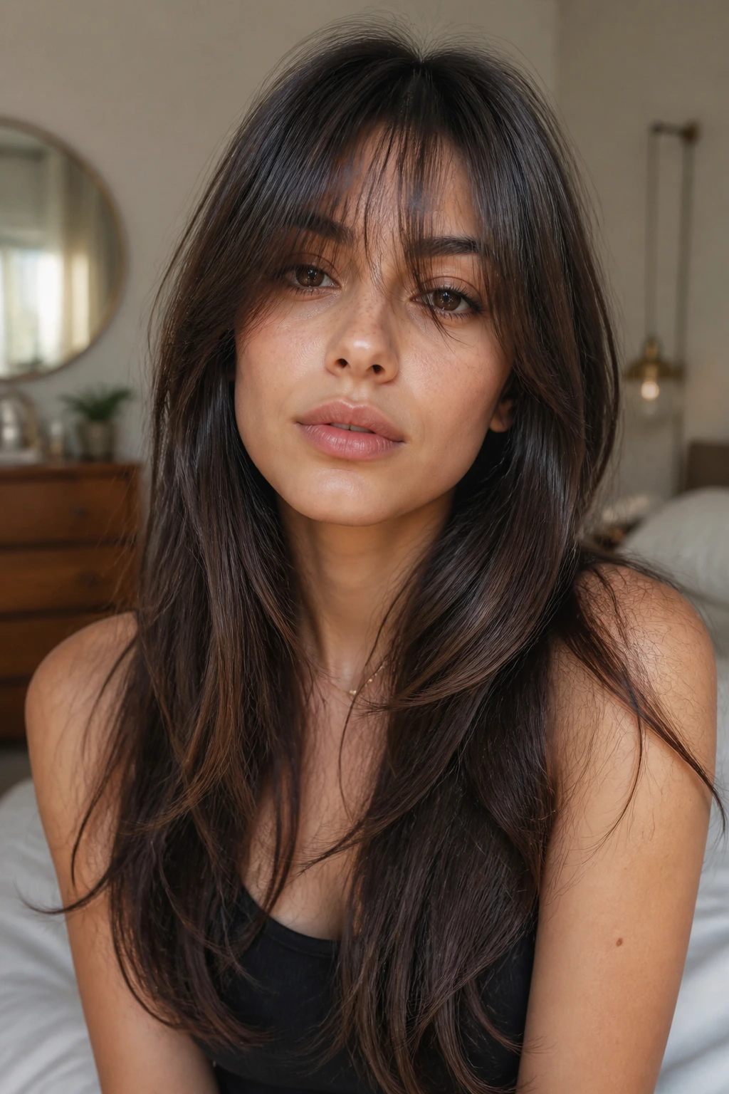 Close-up of a real woman showcasing wispy fringe and hidden long layers under silky hair
