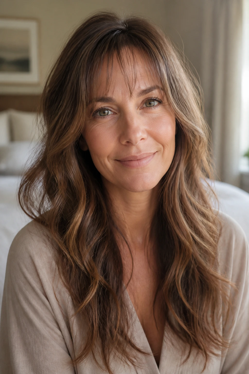 Close-up portrait of a real woman with wispy fringe and long waves under natural light.