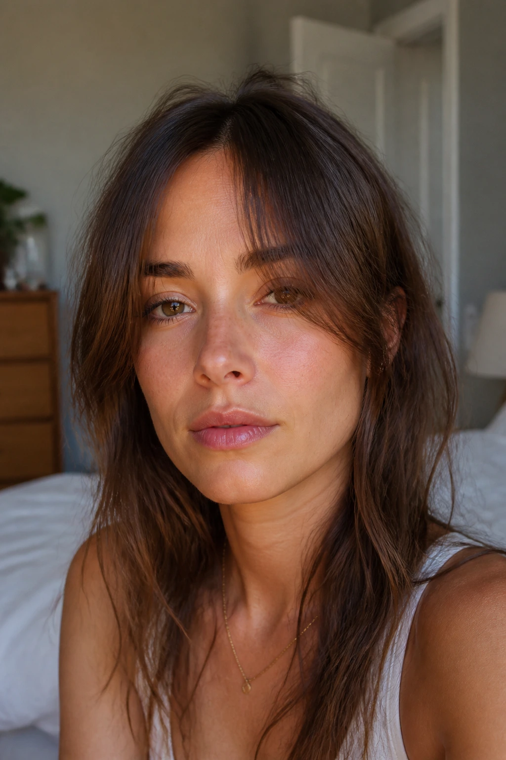 Close-up portrait of a person with wispy middle-parted fringe