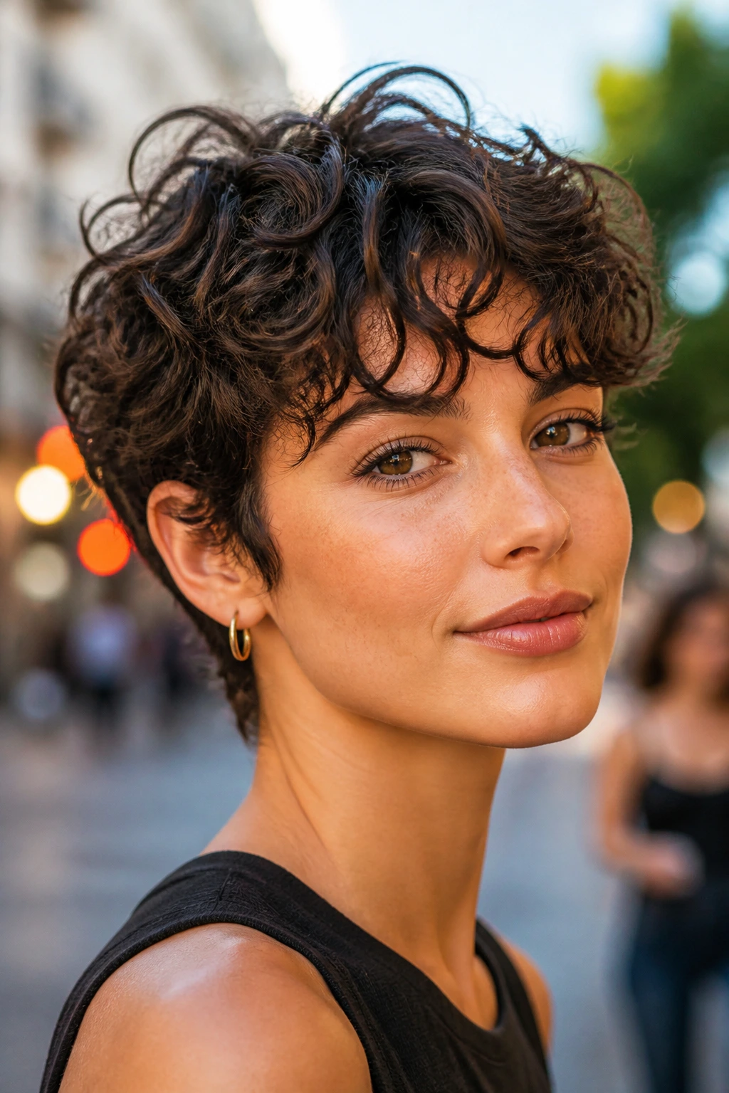 Close-up of a person with a wispy-fringed pixie cut in daylight