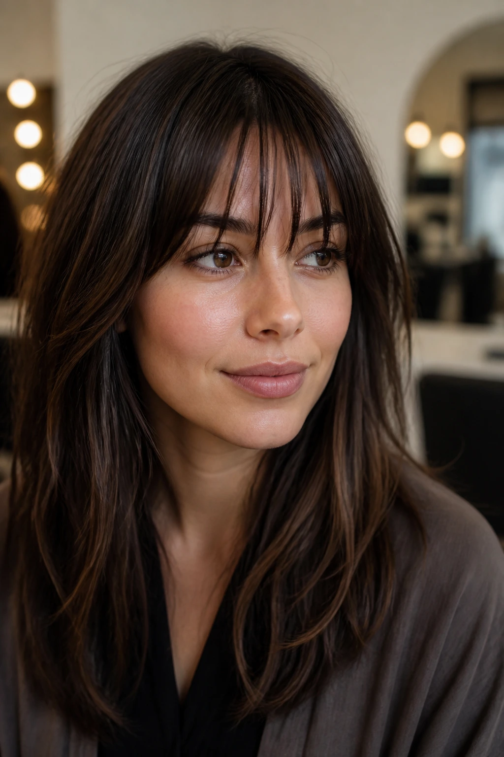 Real person with wispy, point-cut fringe in a modern salon