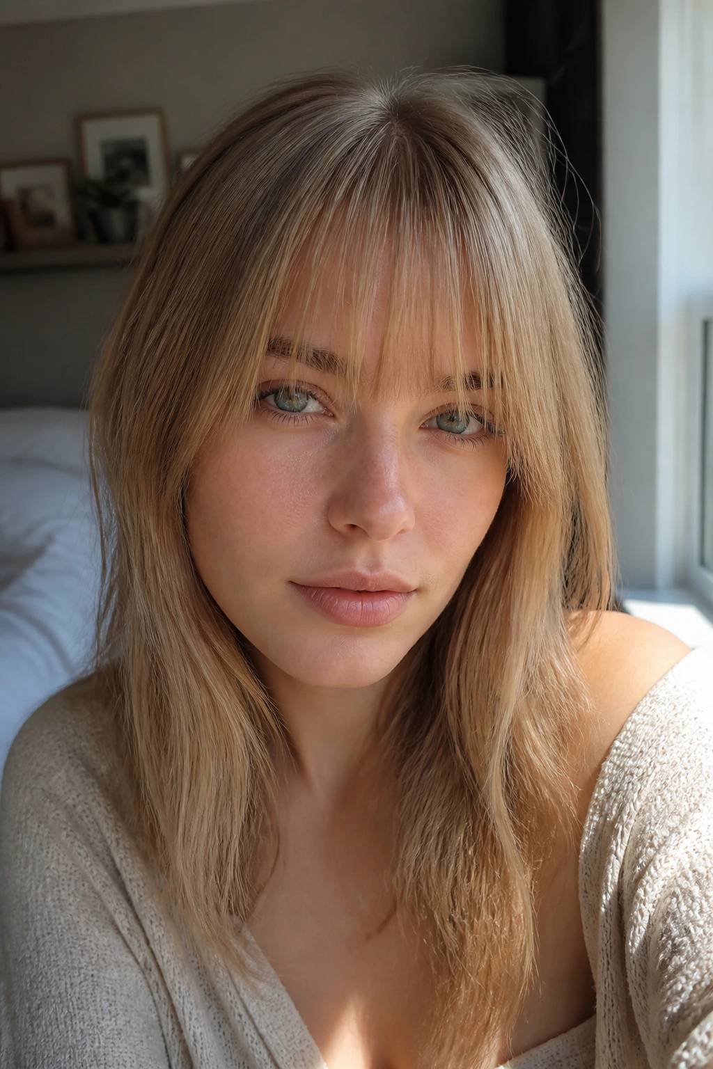 Real woman with wispy straight-across fringe in warm window light