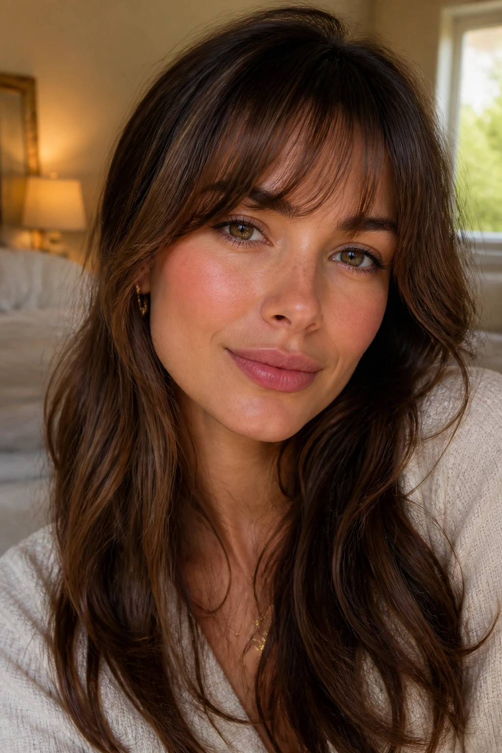Close-up of a real woman with a soft rounded wispy fringe hugging the brow, natural window light.