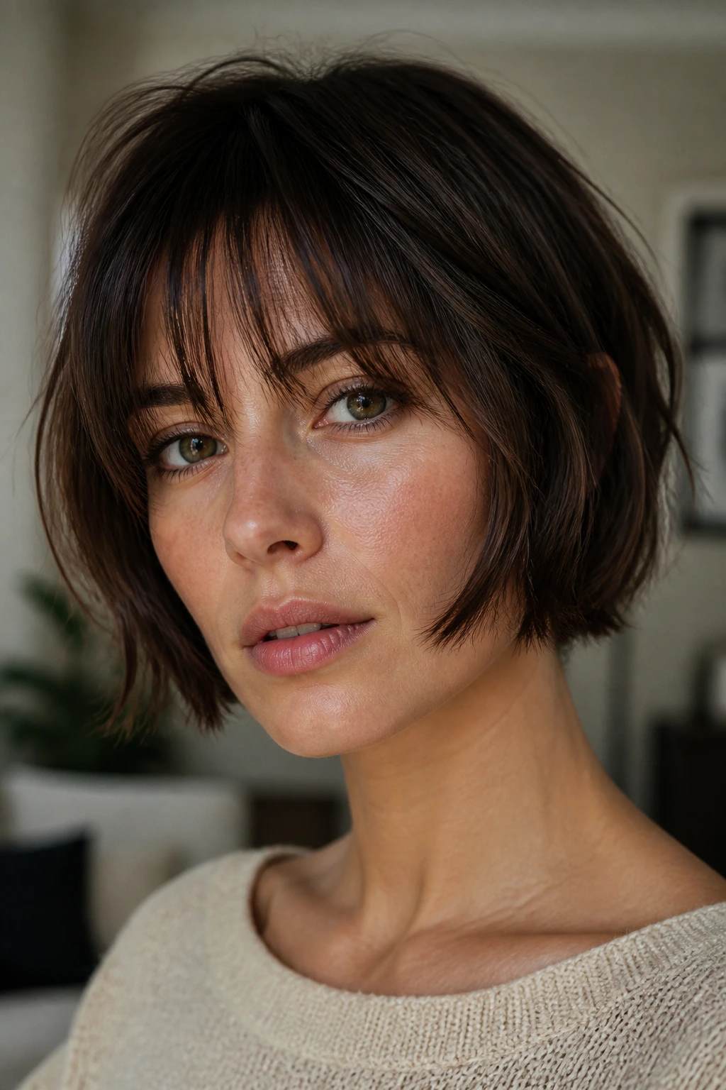Close-up portrait of a woman with wispy fringe razor bob