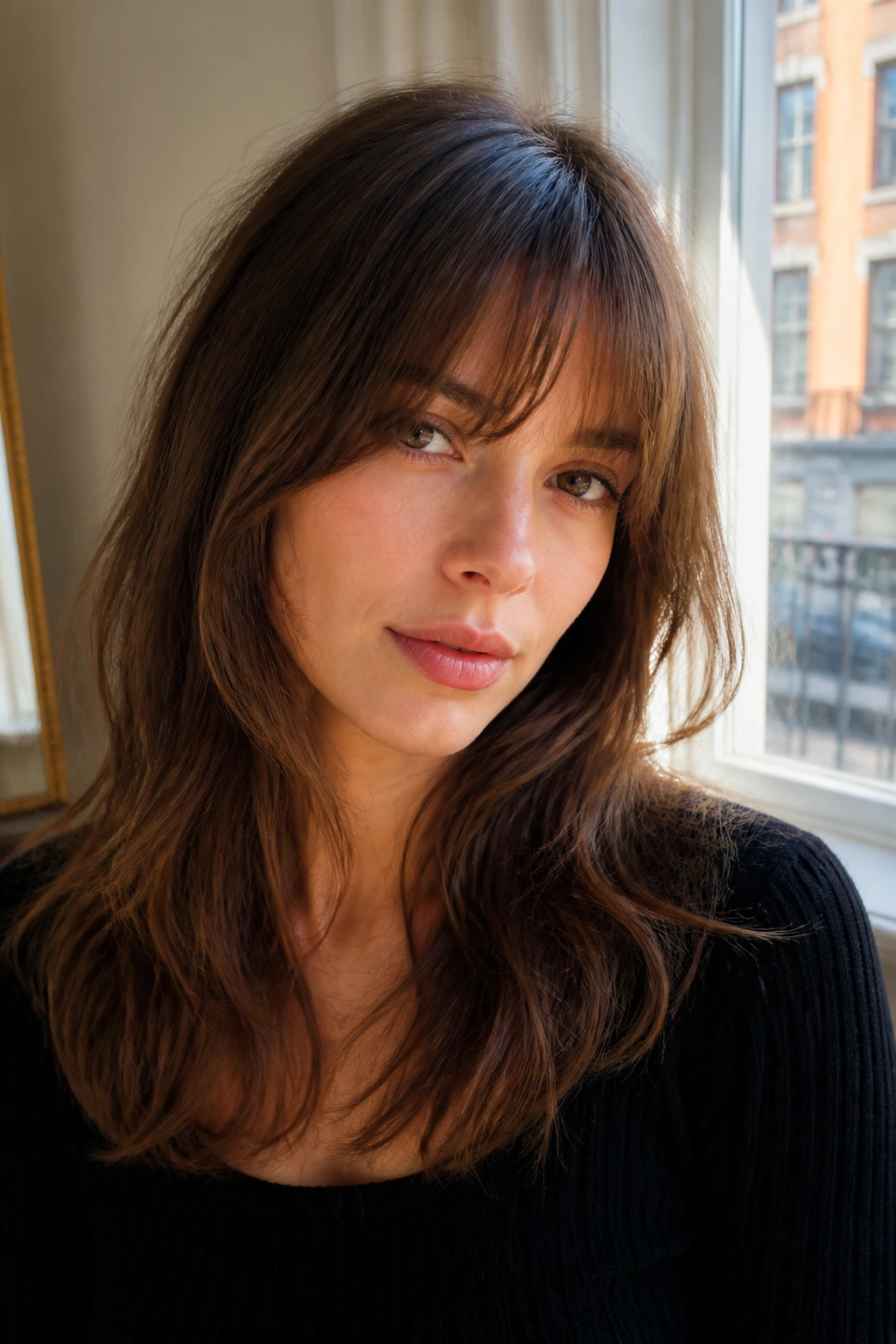 Close-up portrait of a person with wispy fringe and textured layers in soft daylight