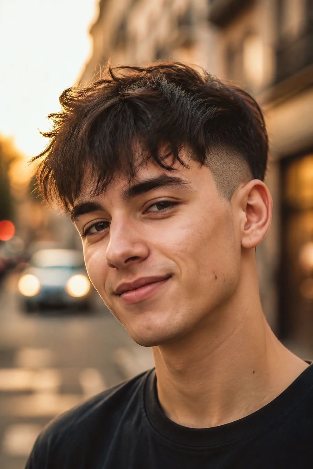 Close-up portrait of a person with wispy fringe and hidden side shave on a city street at golden hour.