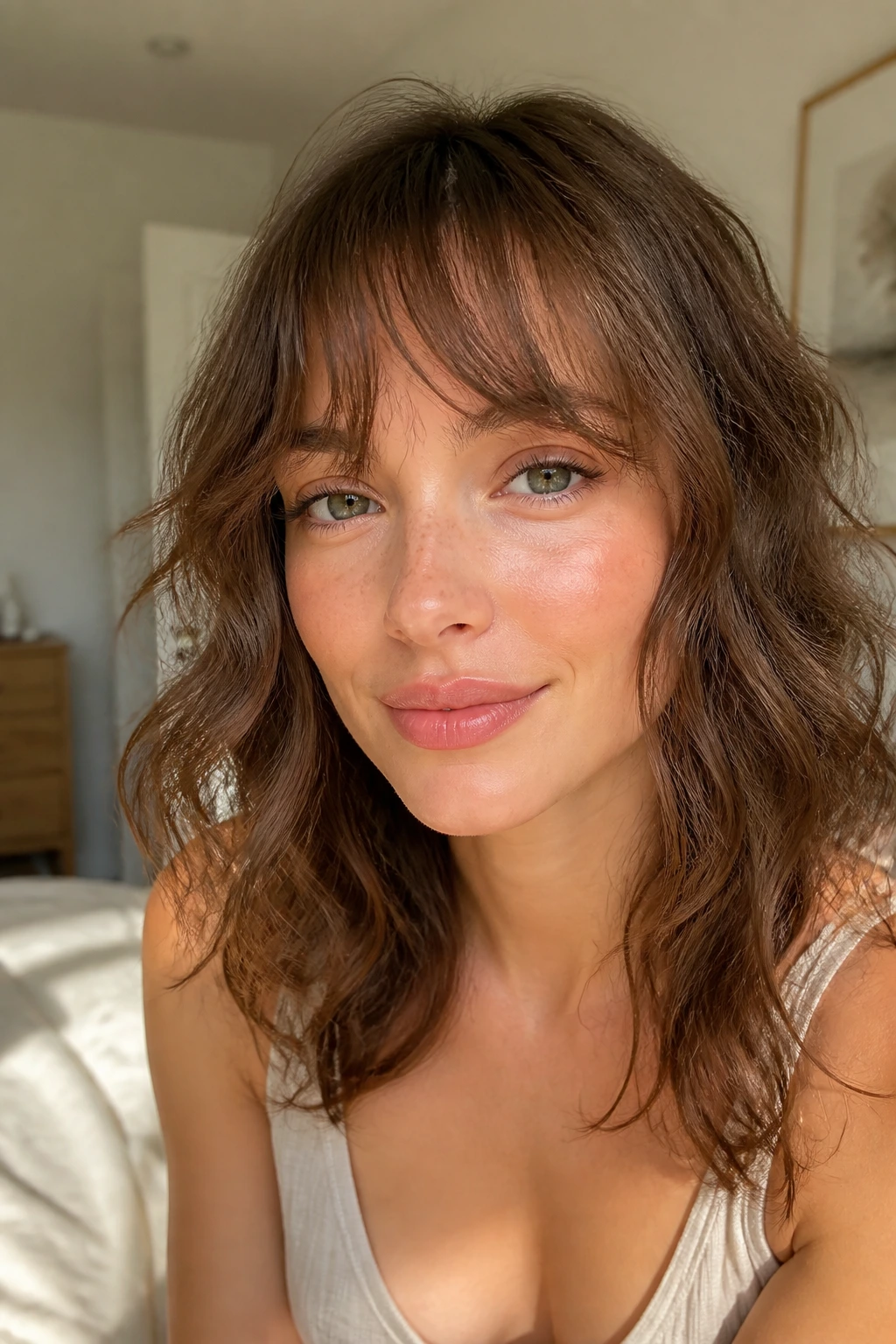 Close-up of a real woman with a wispy fringe and soft waves.
