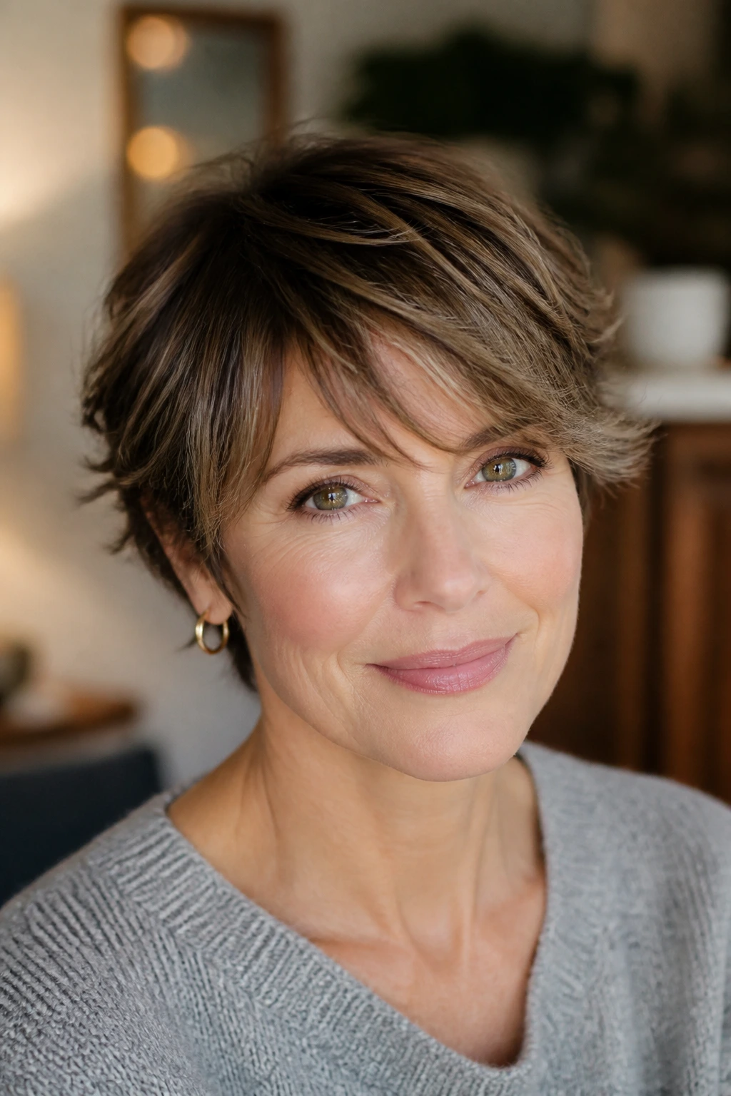 Close-up portrait of a real woman with wispy gamine cut and soft side-swept bangs