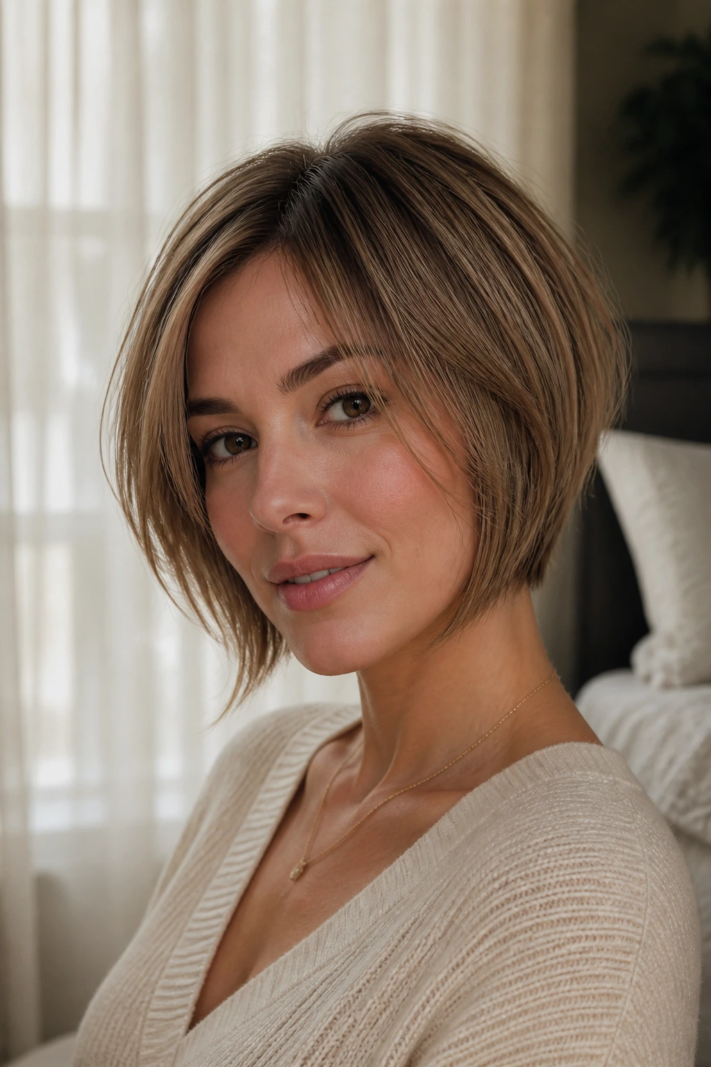Close-up portrait of a woman with a wispy inverted bob in warm bedroom light