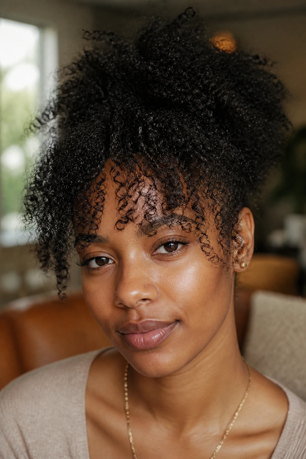 Portrait of a real person with wispy kinky-curly fringe and visible coils